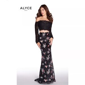 Alyce Black Sequins Floral Prom HOCO Skirt With Mini Train Size 4 Sparkly Formal